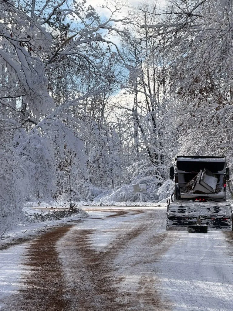 Snow-covered road with a plow truck, trees, and branches dusted with snow. Bright blue sky visible.