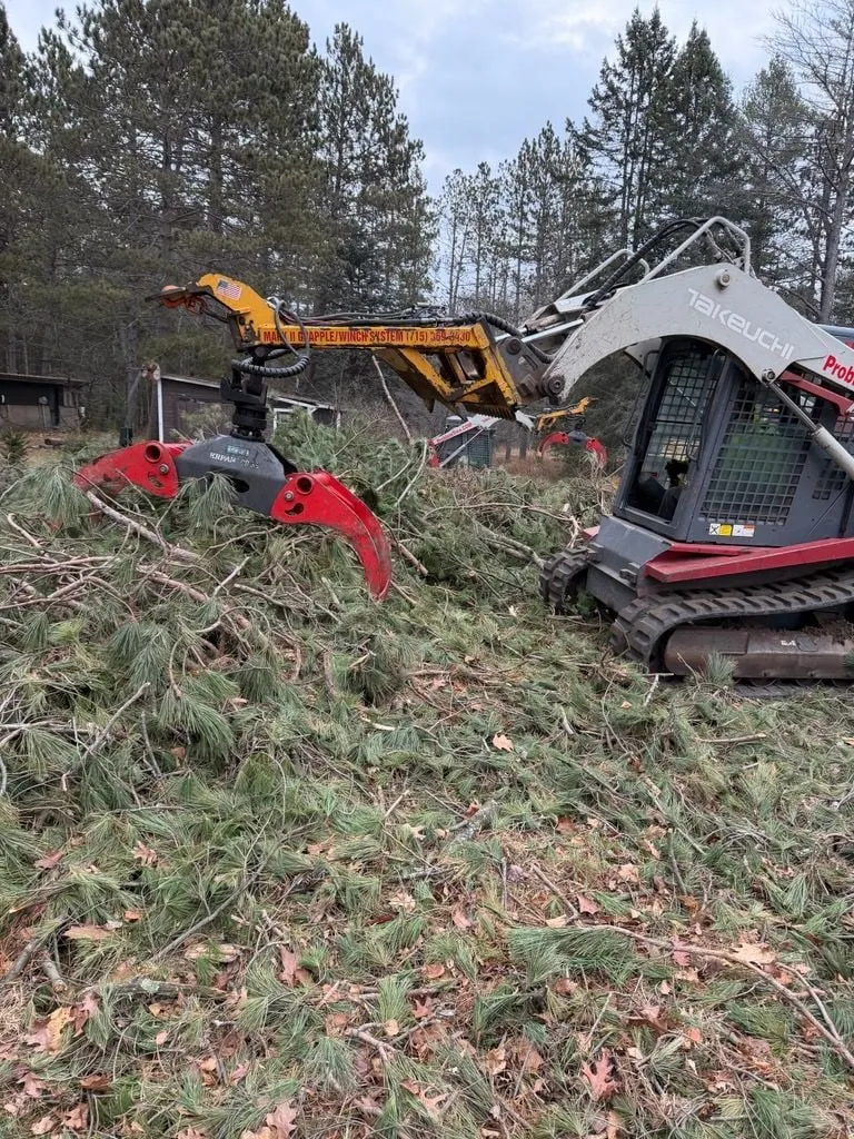 A skid steer and excavator with grapple attachments clearing brush in a wooded area.